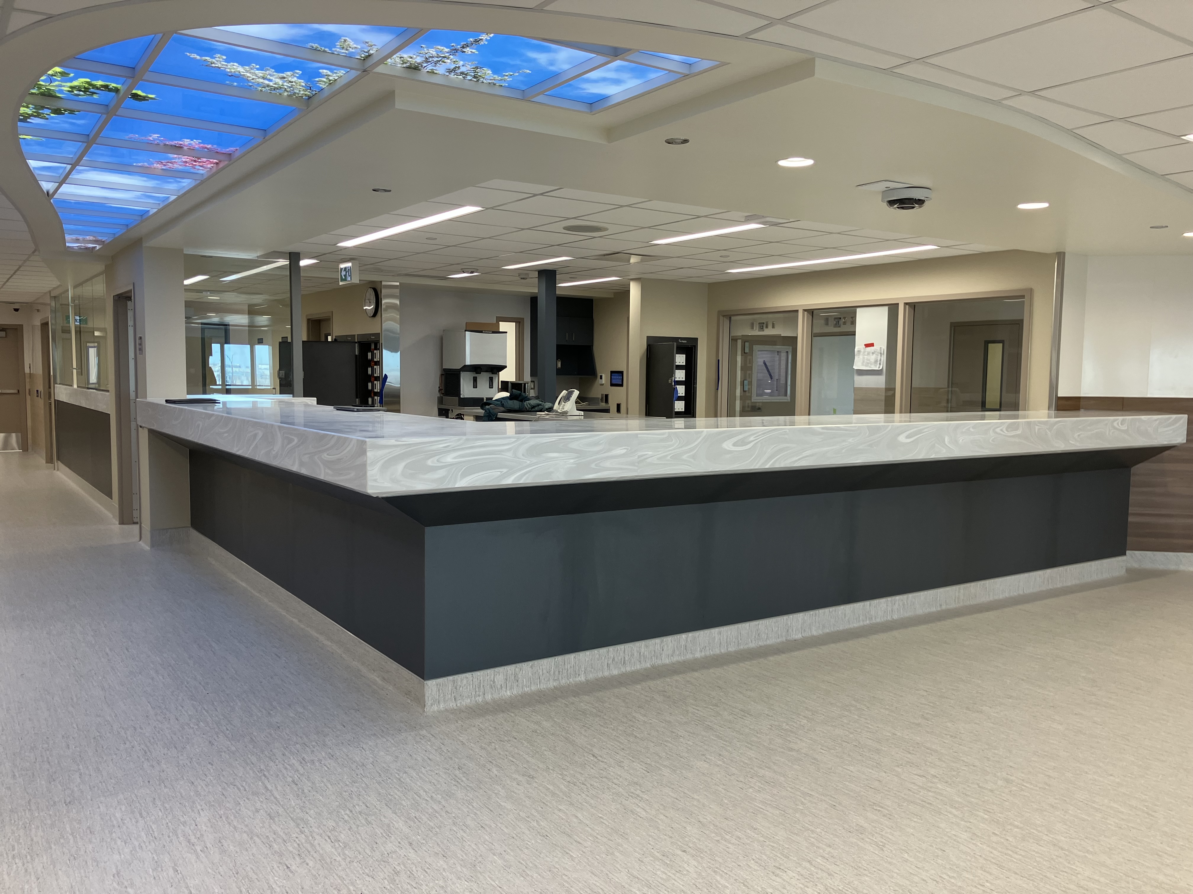 Elegant commercial interior with custom reception desk and architectural millwork